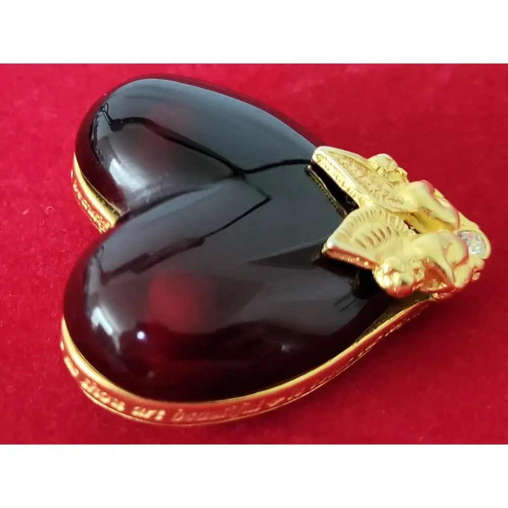 Givenchy Vintage Guardian Angel Cherub Red Lucid Heart Pin Brooch Gold Tone RARE